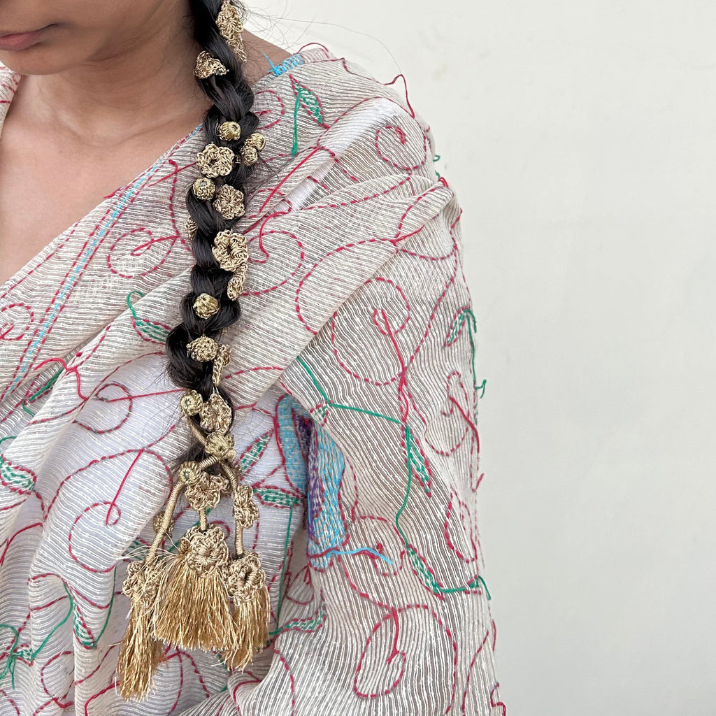 Golden Crochet Hair Parandi at Kamakhyaa by Ikriit'm. This item is Accessories, Cotton yarn, Crochet, Free Size, Golden, Hair Accessories, Ikriit'm, Natural