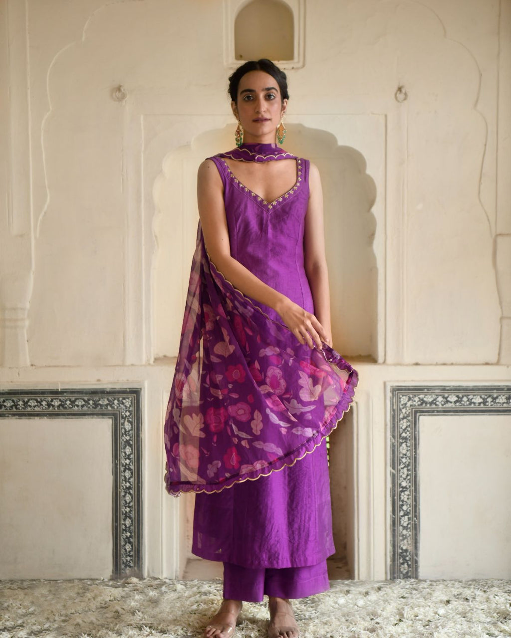 Grape Wine Kurta Set With Dupatta at Kamakhyaa by Taro. This item is Beads work, Chiffon, Digital Print, Enchanted Garden, Evening Wear, Festive Wear, Fitted At Waist, Indian Wear, July Sale, July Sale 2023, Kurta Pant Sets, Kurta Set With Dupatta, Natural, Natural with azo free dyes, Purple, Regular Fit, Sequin Work, Silk Chanderi, Womenswear