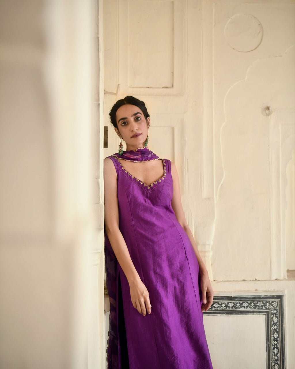 Grape Wine Kurta Set With Dupatta at Kamakhyaa by Taro. This item is Beads work, Chiffon, Digital Print, Enchanted Garden, Evening Wear, Festive Wear, Fitted At Waist, Indian Wear, July Sale, July Sale 2023, Kurta Pant Sets, Kurta Set With Dupatta, Natural, Natural with azo free dyes, Purple, Regular Fit, Sequin Work, Silk Chanderi, Womenswear