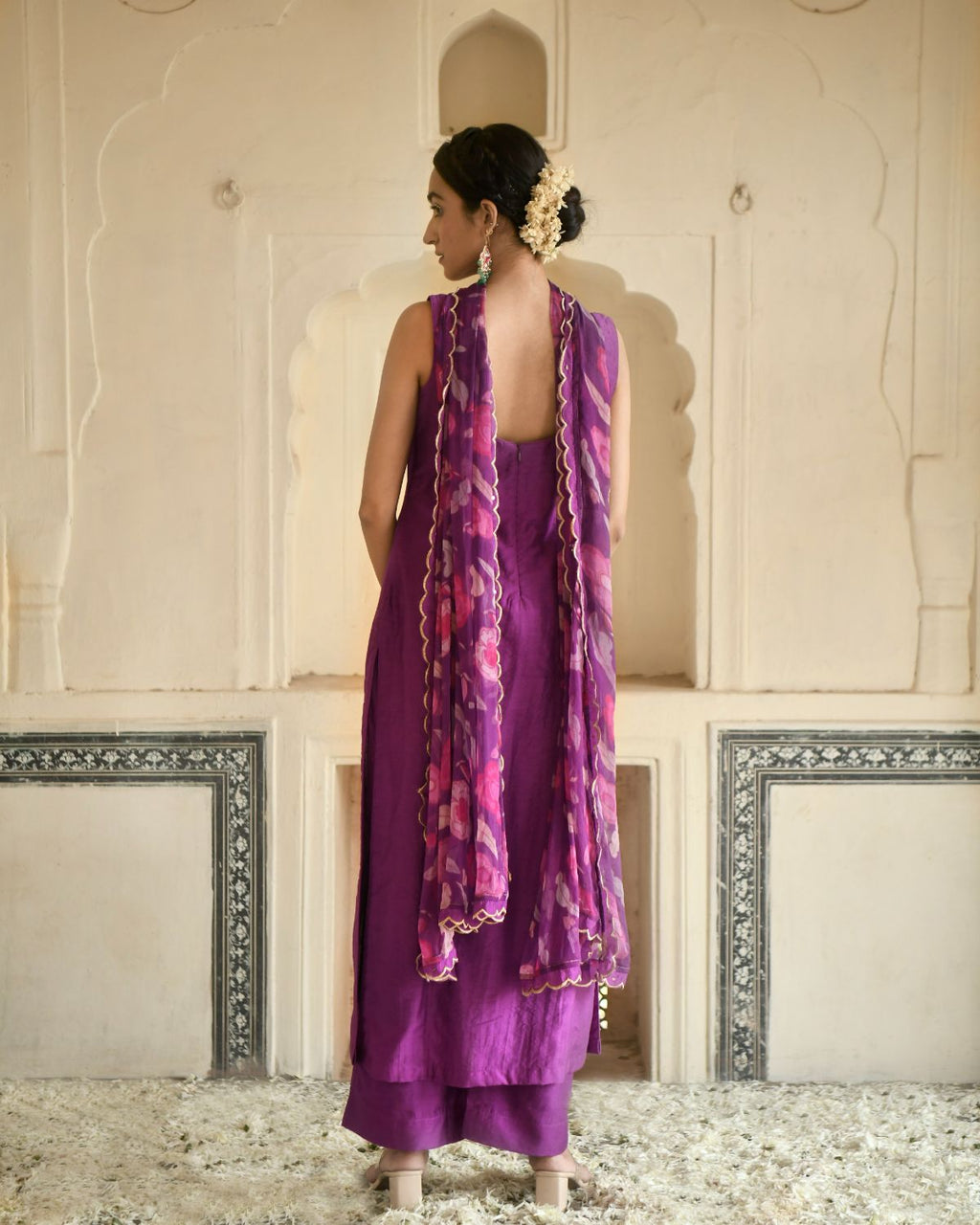 Grape Wine Kurta Set With Dupatta at Kamakhyaa by Taro. This item is Beads work, Chiffon, Digital Print, Enchanted Garden, Evening Wear, Festive Wear, Fitted At Waist, Indian Wear, July Sale, July Sale 2023, Kurta Pant Sets, Kurta Set With Dupatta, Natural, Natural with azo free dyes, Purple, Regular Fit, Sequin Work, Silk Chanderi, Womenswear