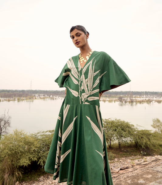 Green And White Printed V Neck Mulmul Dress at Kamakhyaa by Khara Kapas. This item is Birdsong, Casual Wear, Dresses, Green, kharakapas, Mulmul cotton, Natural, Prints, Regular Fit, Womenswear