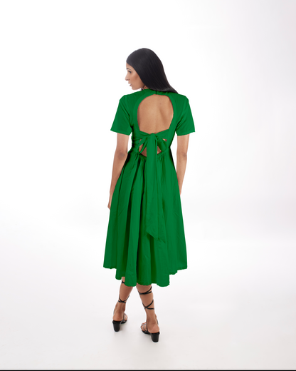 Green Backless Midi Dress at Kamakhyaa by Kamakhyaa. This item is 100% pure cotton, Casual Wear, Evening Wear, Green, KKYSS, Midi Dresses, Natural, Relaxed Fit, Solids, Summer Sutra, Womenswear