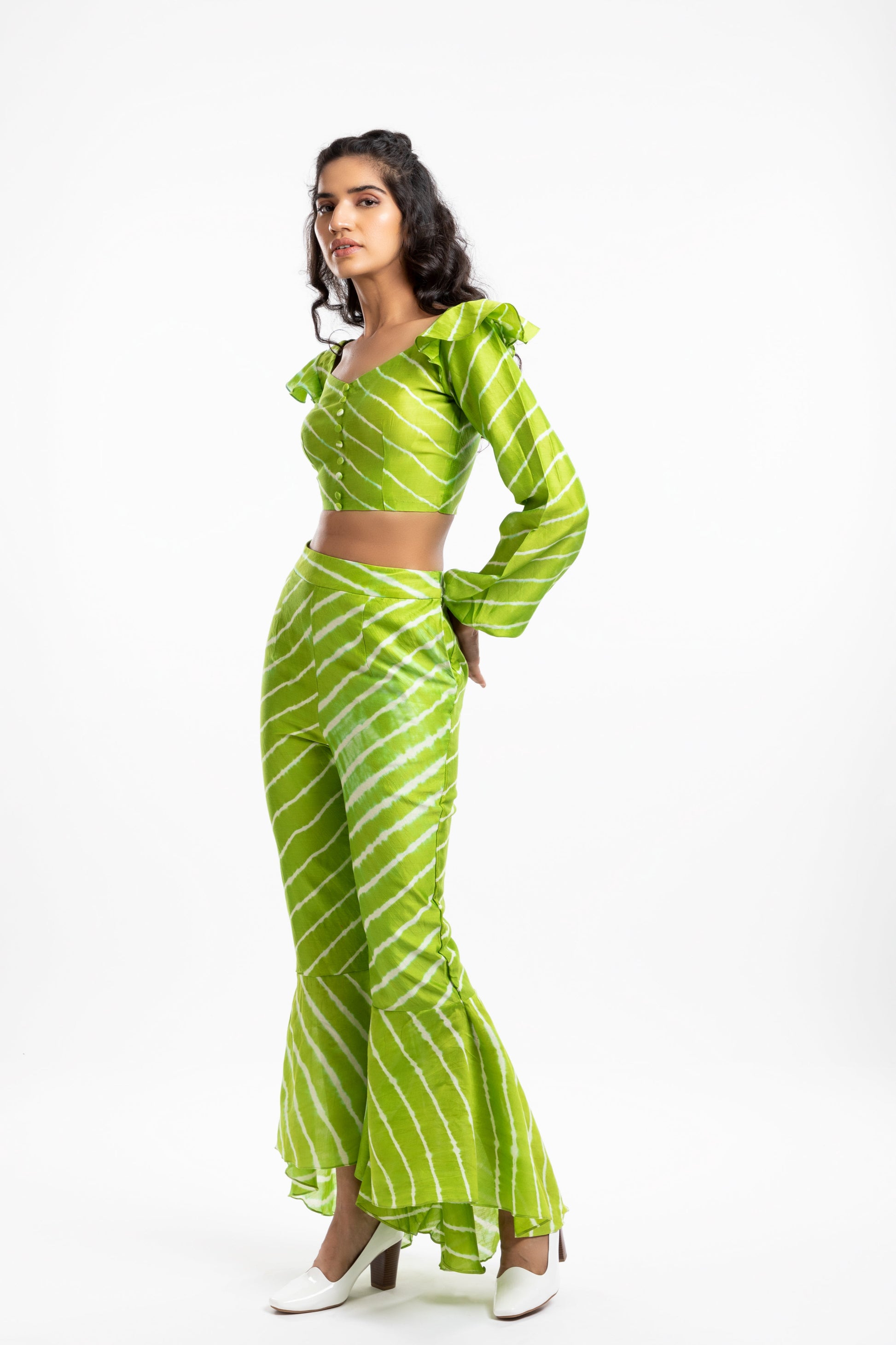 Green Bishop Sleeves Crop Top at Kamakhyaa by House Of Ara. This item is Casual Wear, Chanderi, Cotton, Crop Tops, Fitted at Bust, Green, Leheriya, Leheriya Collection, Natural, Silk, Stripes, Womenswear