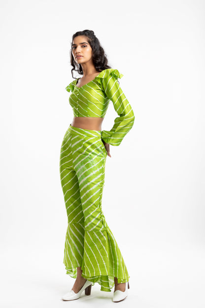 Green Bishop Sleeves Crop Top at Kamakhyaa by House Of Ara. This item is Casual Wear, Chanderi, Cotton, Crop Tops, Fitted at Bust, Green, Leheriya, Leheriya Collection, Natural, Silk, Stripes, Womenswear