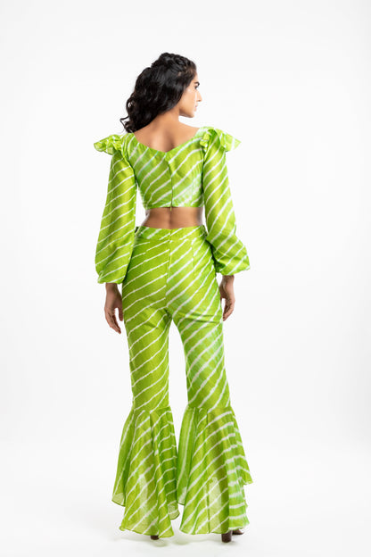 Green Bishop Sleeves Crop Top at Kamakhyaa by House Of Ara. This item is Casual Wear, Chanderi, Cotton, Crop Tops, Fitted at Bust, Green, Leheriya, Leheriya Collection, Natural, Silk, Stripes, Womenswear