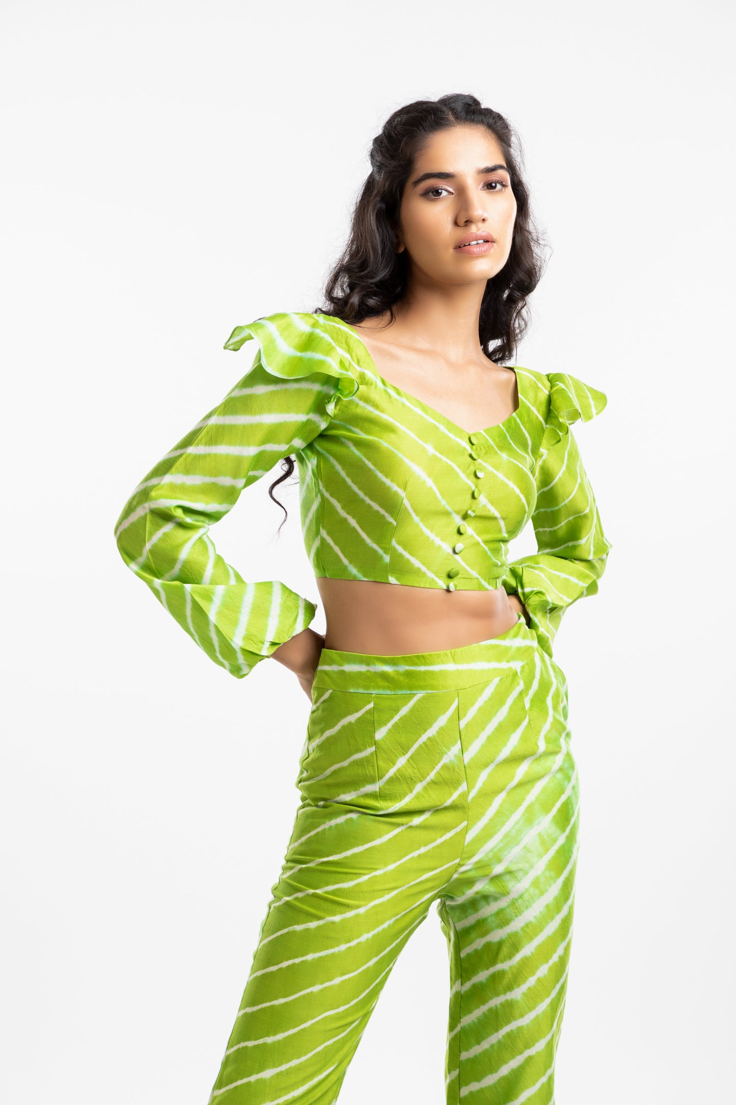 Green Bishop Sleeves Crop Top at Kamakhyaa by House Of Ara. This item is Casual Wear, Chanderi, Cotton, Crop Tops, Fitted at Bust, Green, Leheriya, Leheriya Collection, Natural, Silk, Stripes, Womenswear