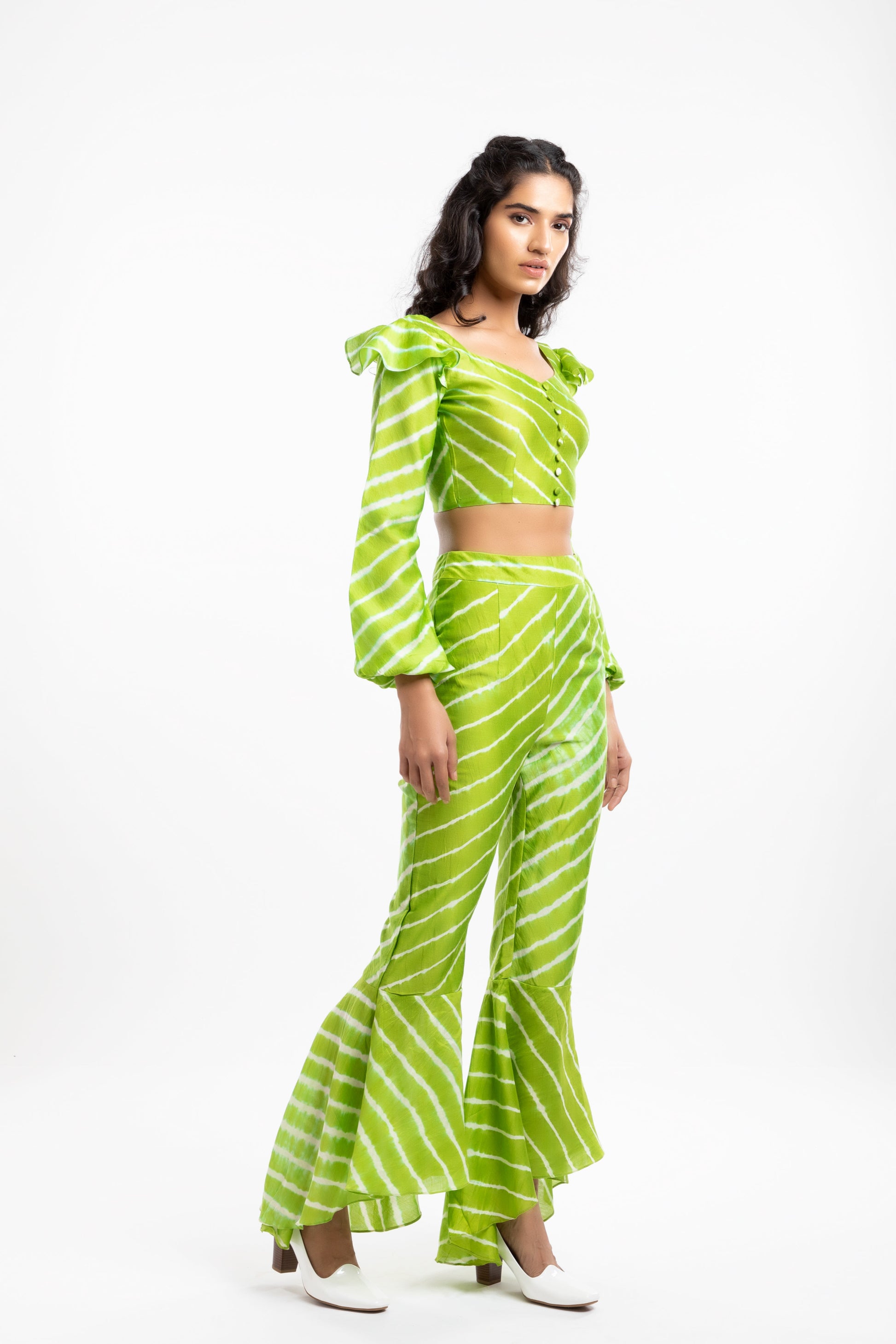 Green Bishop Sleeves Crop Top at Kamakhyaa by House Of Ara. This item is Casual Wear, Chanderi, Cotton, Crop Tops, Fitted at Bust, Green, Leheriya, Leheriya Collection, Natural, Silk, Stripes, Womenswear