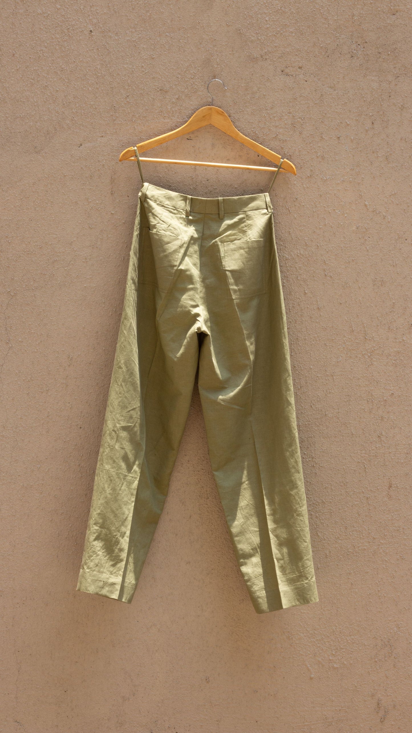 Green Casual Pants at Kamakhyaa by Anushé Pirani. This item is Casual Wear, Cotton, Cotton Hemp, For Him, Green, Handwoven, Hemp, Mens Bottom, Menswear, Pants, Relaxed Fit, Shibumi Collection, Solids