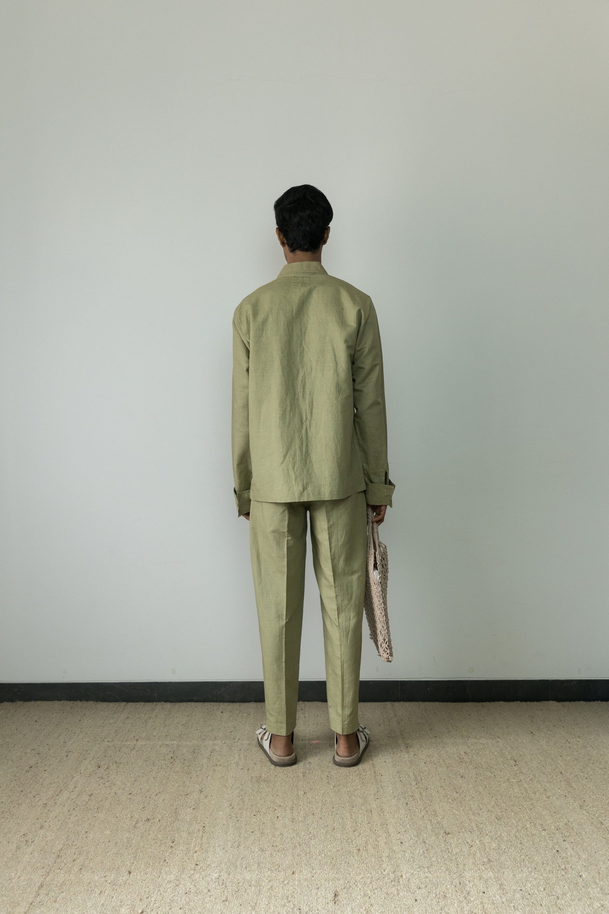 Green Casual Pants at Kamakhyaa by Anushé Pirani. This item is Casual Wear, Cotton, Cotton Hemp, For Him, Green, Handwoven, Hemp, Mens Bottom, Menswear, Pants, Relaxed Fit, Shibumi Collection, Solids