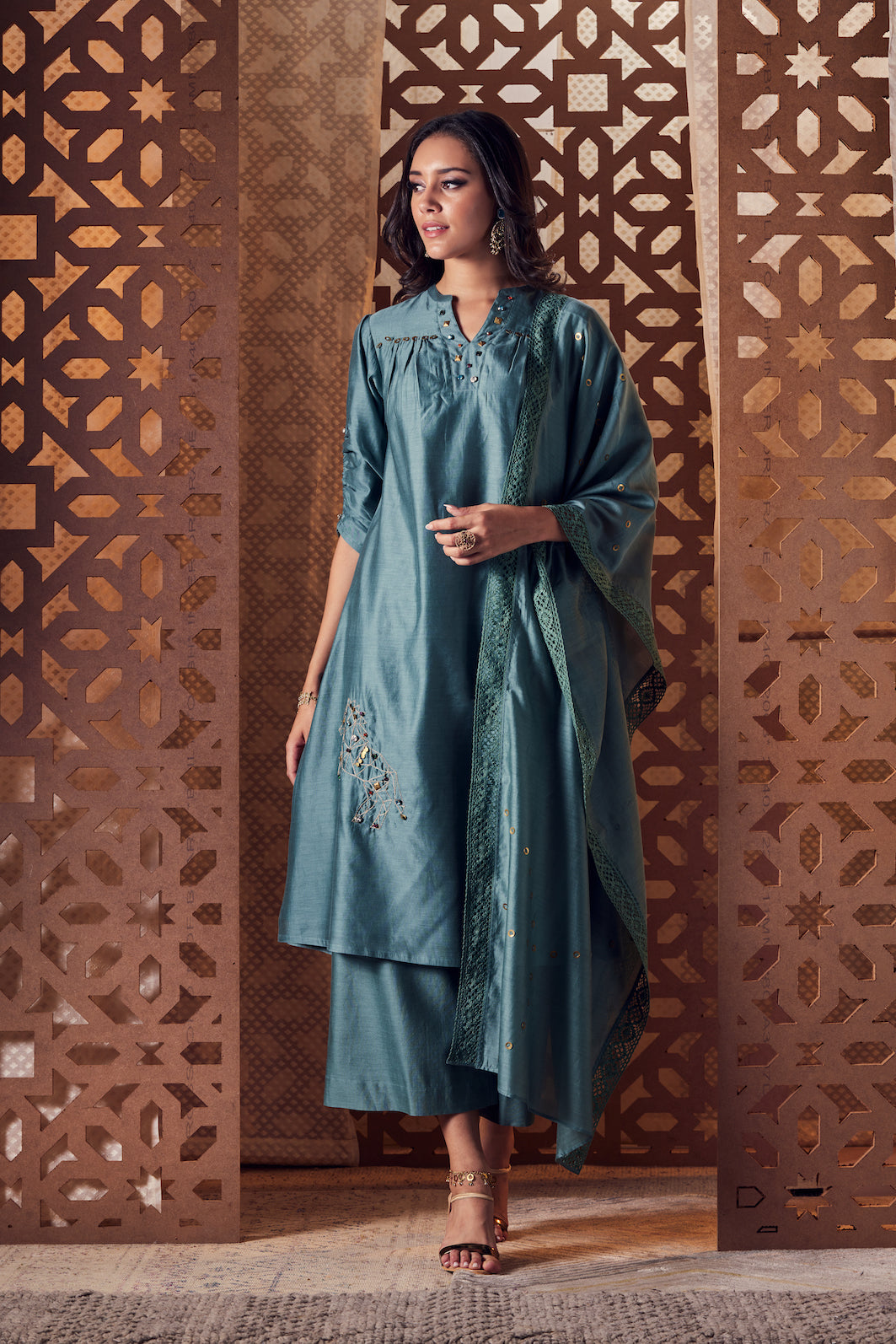 Green Chanderi A-Line Kurta - Set of 3 at Kamakhyaa by Charkhee. This item is Chanderi, Cotton, Embroidered, Ethnic Wear, Green, Indian Wear, Kurta Palazzo Sets, Kurta Set With Dupatta, Naayaab, Natural, Nayaab, Relaxed Fit, Womenswear