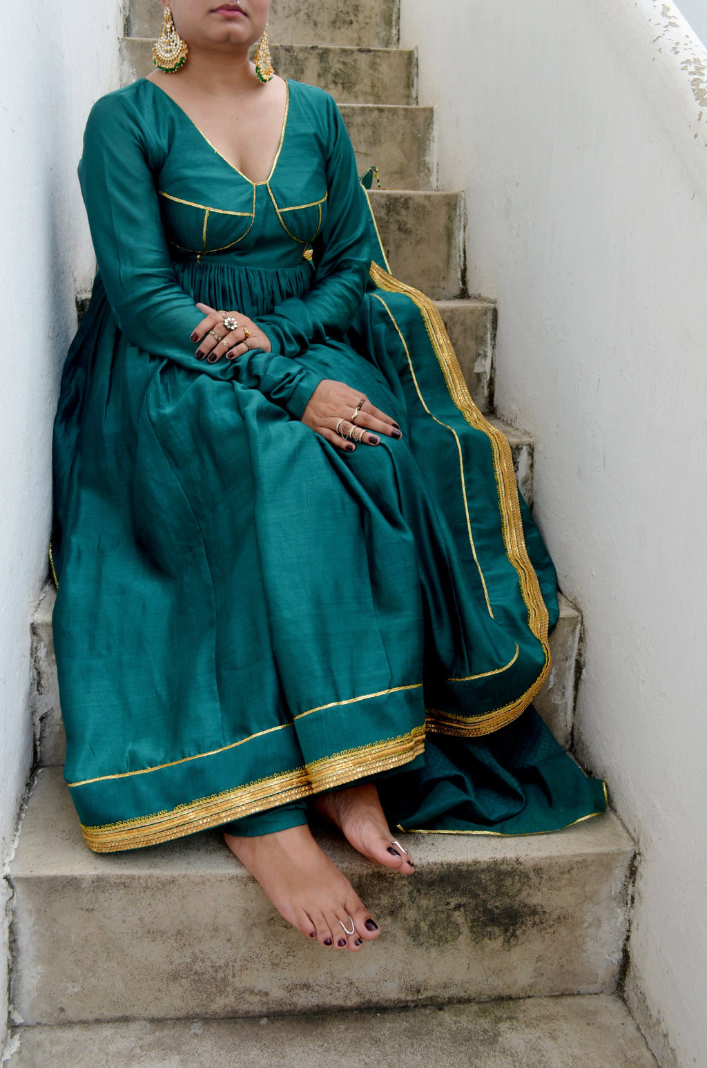 Green Chanderi Anakali with Dupatta at Kamakhyaa by Ahmev. This item is Chanderi Silk, Co-ord Sets, Cotton, Embellished, Evening Wear, Festive Wear, Green, Kurta Set with Dupattas, Party Wear, Regular Fit, Rumi, Solids, Womenswear
