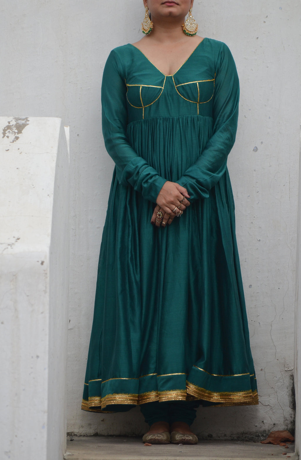 Green Chanderi Anakali with Dupatta at Kamakhyaa by Ahmev. This item is Chanderi Silk, Co-ord Sets, Cotton, Embellished, Evening Wear, Festive Wear, Green, Kurta Set with Dupattas, Party Wear, Regular Fit, Rumi, Solids, Womenswear