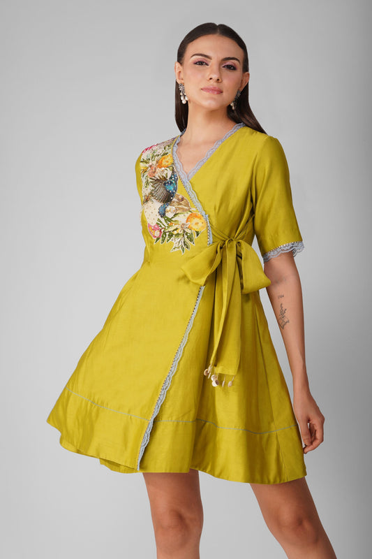 Green Chanderi Applique Wrap Dress at Kamakhyaa by Devyani Mehrotra. This item is Chanderi, Embellished, Green, Indian Wear, Natural, Party Wear, Regular Fit, Womenswear