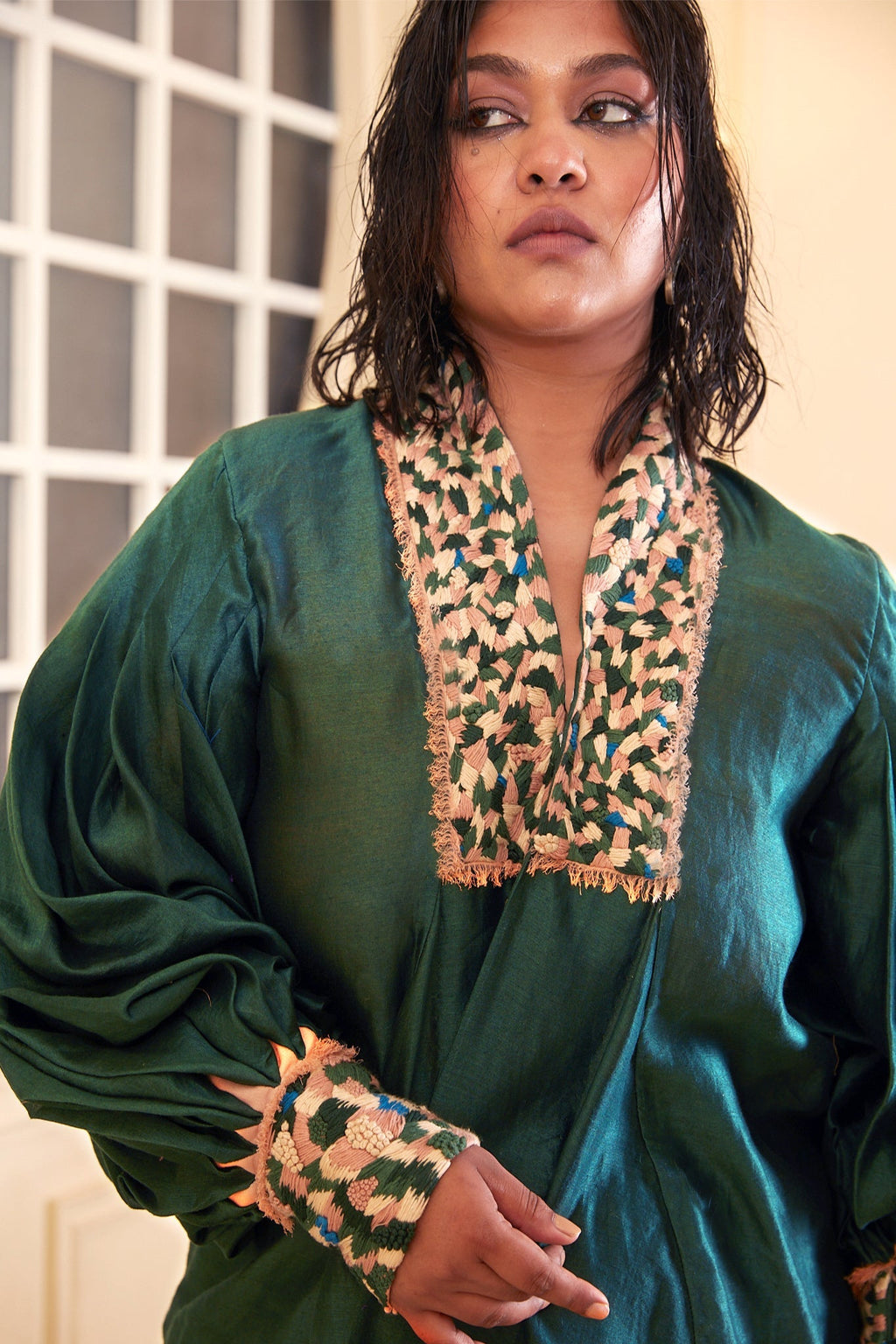 Green Chanderi Silk Co-Ord Set at Kamakhyaa by Chambray & Co.. This item is Chambray & Co, Chanderi Silk, Complete Sets, Embroidered, Green, Natural, Party Wear, PartyWear Co-ords, Regular Fit, Taabir, Womenswear