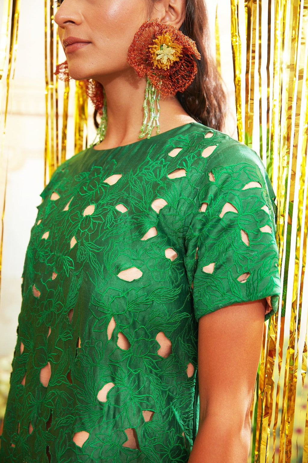 Green Chanderi Silk Cutwork Dress at Kamakhyaa by Chambray & Co.. This item is Chambray & Co, Chanderi Silk, Dress Sets, Dresses, Embroidered, Green, Moon Child, Natural, Party Wear, Regular Fit, Womenswear