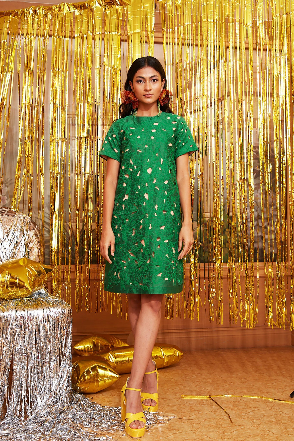 Green Chanderi Silk Cutwork Dress at Kamakhyaa by Chambray & Co.. This item is Chambray & Co, Chanderi Silk, Dress Sets, Dresses, Embroidered, Green, Moon Child, Natural, Party Wear, Regular Fit, Womenswear