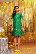 Green Chanderi Silk Cutwork Dress at Kamakhyaa by Chambray & Co.. This item is Chambray & Co, Chanderi Silk, Dress Sets, Dresses, Embroidered, Green, Moon Child, Natural, Party Wear, Regular Fit, Womenswear