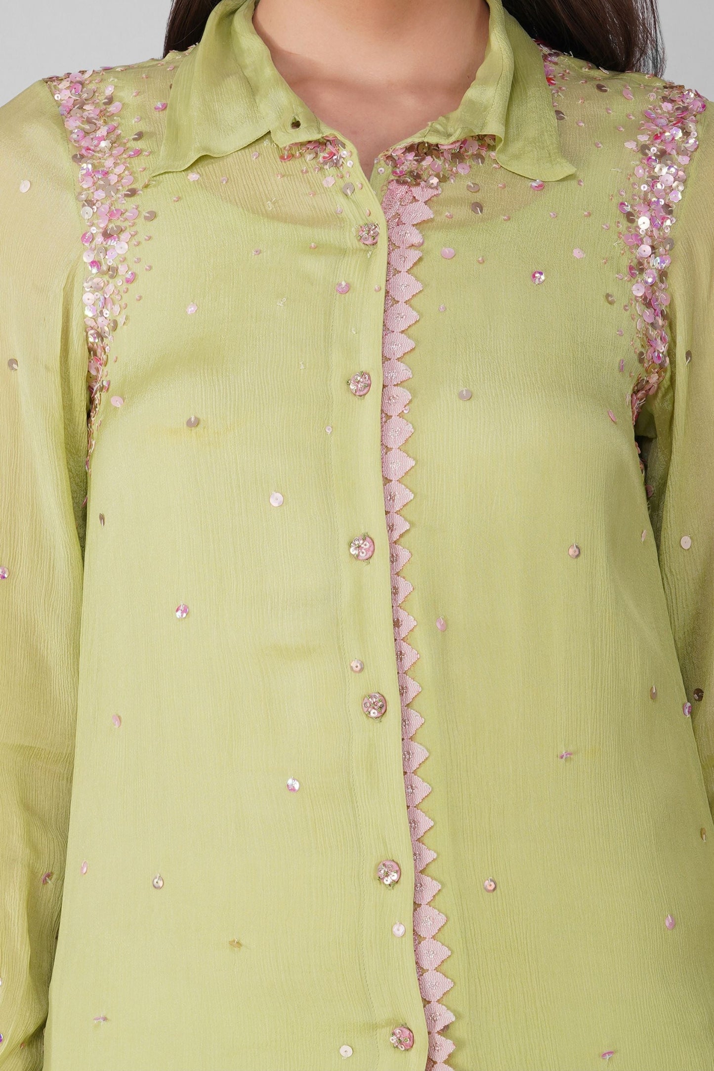 Green Chiffon Shirt Set at Kamakhyaa by Devyani Mehrotra. This item is Chiffon, Embellished, Green, Indian Wear, Natural, Party Wear, Regular Fit, Womenswear