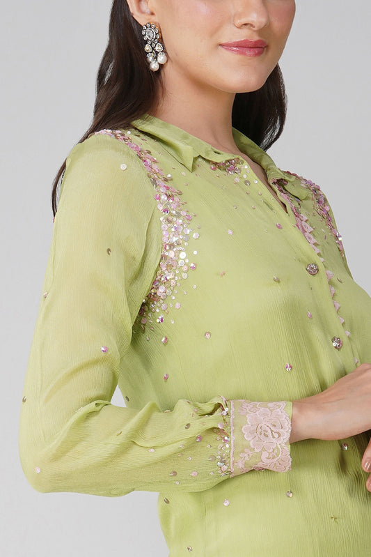 Green Chiffon Shirt Set at Kamakhyaa by Devyani Mehrotra. This item is Chiffon, Embellished, Green, Indian Wear, Natural, Party Wear, Regular Fit, Womenswear