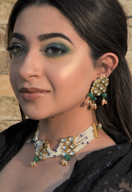 Green Choker Himadri Hasli at Kamakhyaa by House Of Heer. This item is Add Ons, Alloy Metal, Festive Jewellery, Festive Wear, Free Size, Green, jewelry, Jewelry Sets, July Sale, July Sale 2023, Natural, Pearl, Polkis, Textured, Wedding Gifts