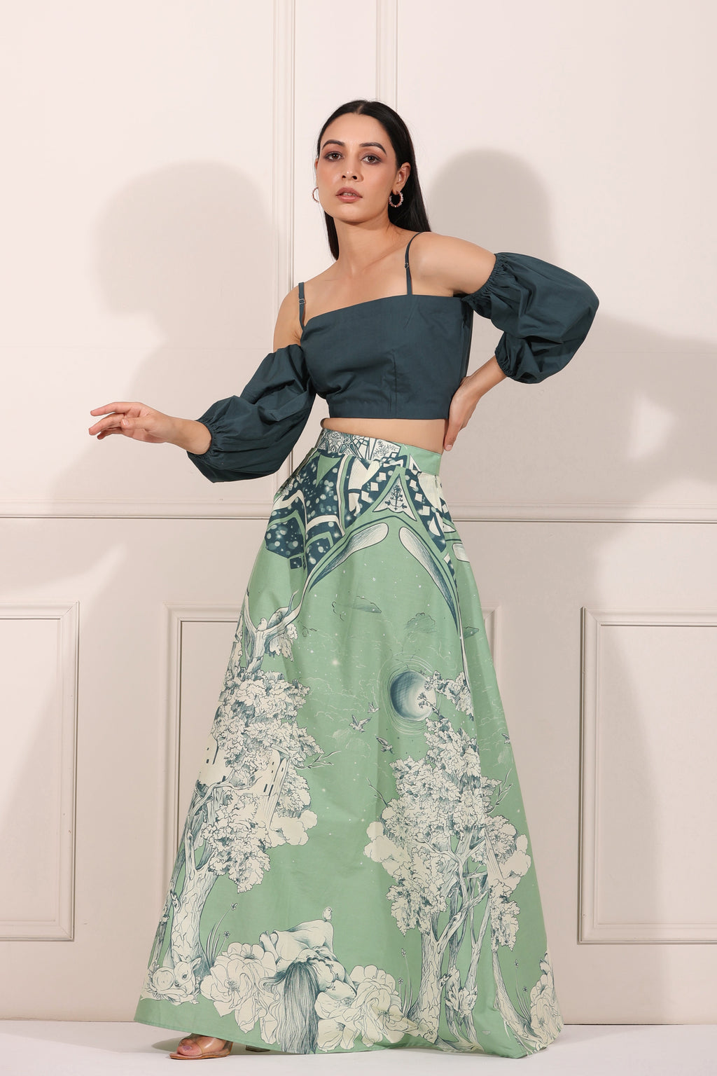 Green Co-ord Set at Kamakhyaa by MOH-The Eternal Dhaga. This item is 100% pure cotton, Cotton, Green, Moh-The eternal Dhaga, Natural, Party Wear, Party Wear Co-ords, Prints, Regular Fit, Womenswear