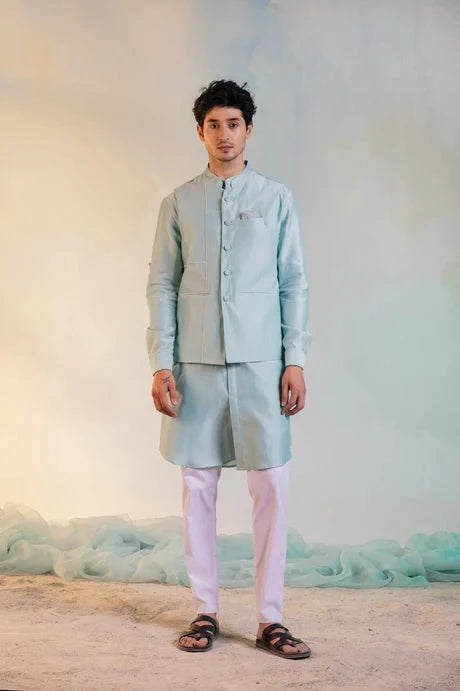 Green Cotton Chanderi Sequin Work Jacket at Kamakhyaa by Charkhee. This item is Aasmaa, Chanderi, Cotton, Embellished, Green, Indian Wear, Indianwear Jackets, Jackets, Mens Overlay, Menswear, Natural, Relaxed Fit, Sequin work, Wedding Gifts, Wedding Wear