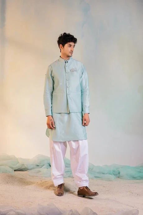 Green Cotton Chanderi Sequin Work Jacket at Kamakhyaa by Charkhee. This item is Aasmaa, Chanderi, Cotton, Embellished, Green, Indian Wear, Indianwear Jackets, Jackets, Mens Overlay, Menswear, Natural, Relaxed Fit, Sequin work, Wedding Gifts, Wedding Wear