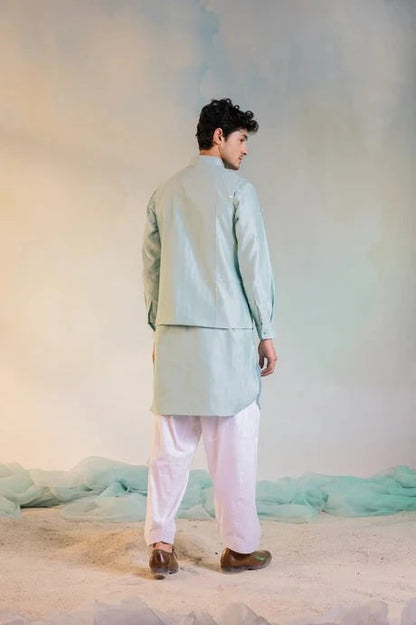 Green Cotton Chanderi Sequin Work Jacket at Kamakhyaa by Charkhee. This item is Aasmaa, Chanderi, Cotton, Embellished, Green, Indian Wear, Indianwear Jackets, Jackets, Mens Overlay, Menswear, Natural, Relaxed Fit, Sequin work, Wedding Gifts, Wedding Wear