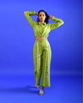 Green Cotton Co-ord Set at Kamakhyaa by Rias Jaipur. This item is Casual Wear, Co-ord Sets, Green, Handloom Cotton, Handspun, Handwoven, Hue, Regular Fit, Stripes, Travel, Travel Co-ords, Womenswear