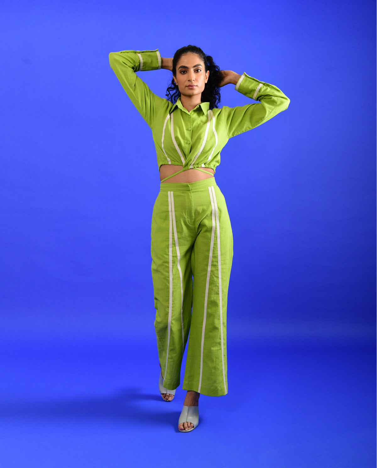 Green Cotton Co-ord Set at Kamakhyaa by Rias Jaipur. This item is Casual Wear, Co-ord Sets, Green, Handloom Cotton, Handspun, Handwoven, Hue, Regular Fit, Stripes, Travel, Travel Co-ords, Womenswear