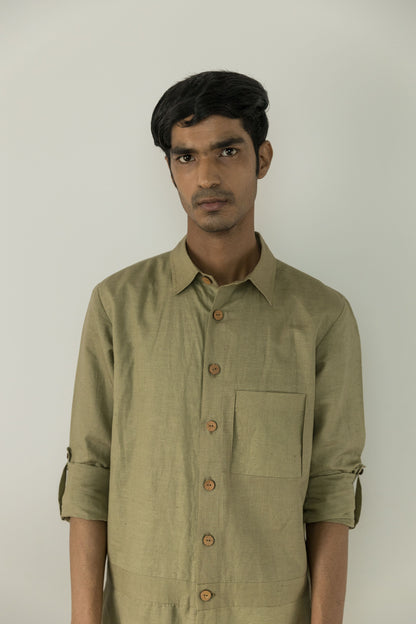 Green Cotton Jumpsuit at Kamakhyaa by Anushé Pirani. This item is Casual Wear, Cotton, Cotton Hemp, For Him, Green, Handwoven, Hemp, Jumpsuits, Menswear, Relaxed Fit, Shibumi Collection, Solids, Unisex