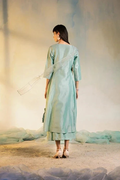 Green Cotton Kurta Set With Organza Dupatta at Kamakhyaa by Charkhee. This item is Aasmaa, Cotton, Embellished, Green, Indian Wear, Kurta Palazzo Sets, Kurta Set With Dupatta, Natural, Organza, Relaxed Fit, Sequin work, Wedding Wear, Womenswear