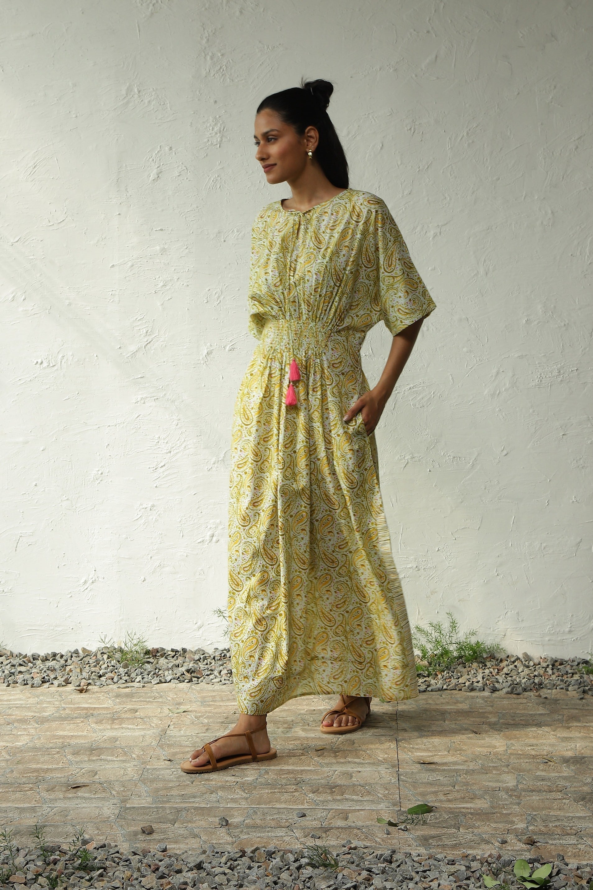 Green Cotton Long Smocked Dress at Kamakhyaa by Canoopi. This item is Canoopi, Casual Wear, Cotton, Dresses, Green, Maxi Dresses, Natural, Prints, Regular Fit, Womenswear