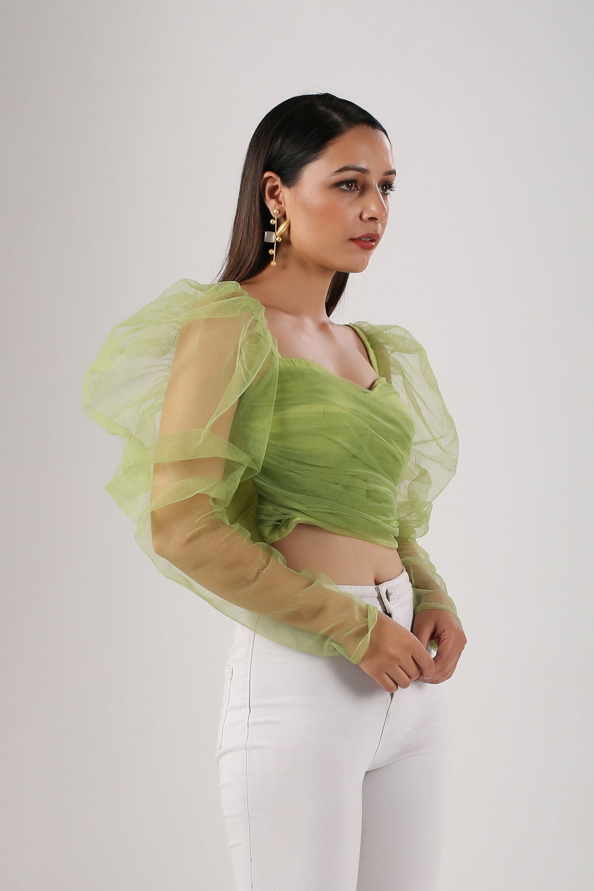 Green Crop Top at Kamakhyaa by MOH-The Eternal Dhaga. This item is Casual Wear, Cotton, Crop Tops, Green, Moh-The eternal Dhaga, Natural, Regular Fit, Solids, Tulle, Womenswear