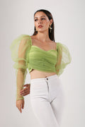 Green Crop Top at Kamakhyaa by MOH-The Eternal Dhaga. This item is Casual Wear, Cotton, Crop Tops, Green, Moh-The eternal Dhaga, Natural, Regular Fit, Solids, Tulle, Womenswear