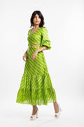 Green Cutout Dress at Kamakhyaa by House Of Ara. This item is Casual Wear, Chanderi, Cut Out Dresses, Green, Leheriya, Leheriya Collection, Maxi Dresses, Natural, Regular Fit, Silk, Stripes, Tiered Dresses, Womenswear