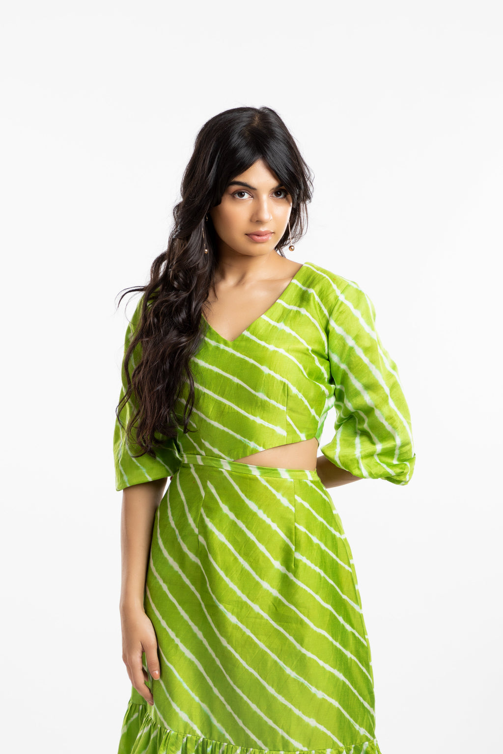 Green Cutout Dress at Kamakhyaa by House Of Ara. This item is Casual Wear, Chanderi, Cut Out Dresses, Green, Leheriya, Leheriya Collection, Maxi Dresses, Natural, Regular Fit, Silk, Stripes, Tiered Dresses, Womenswear