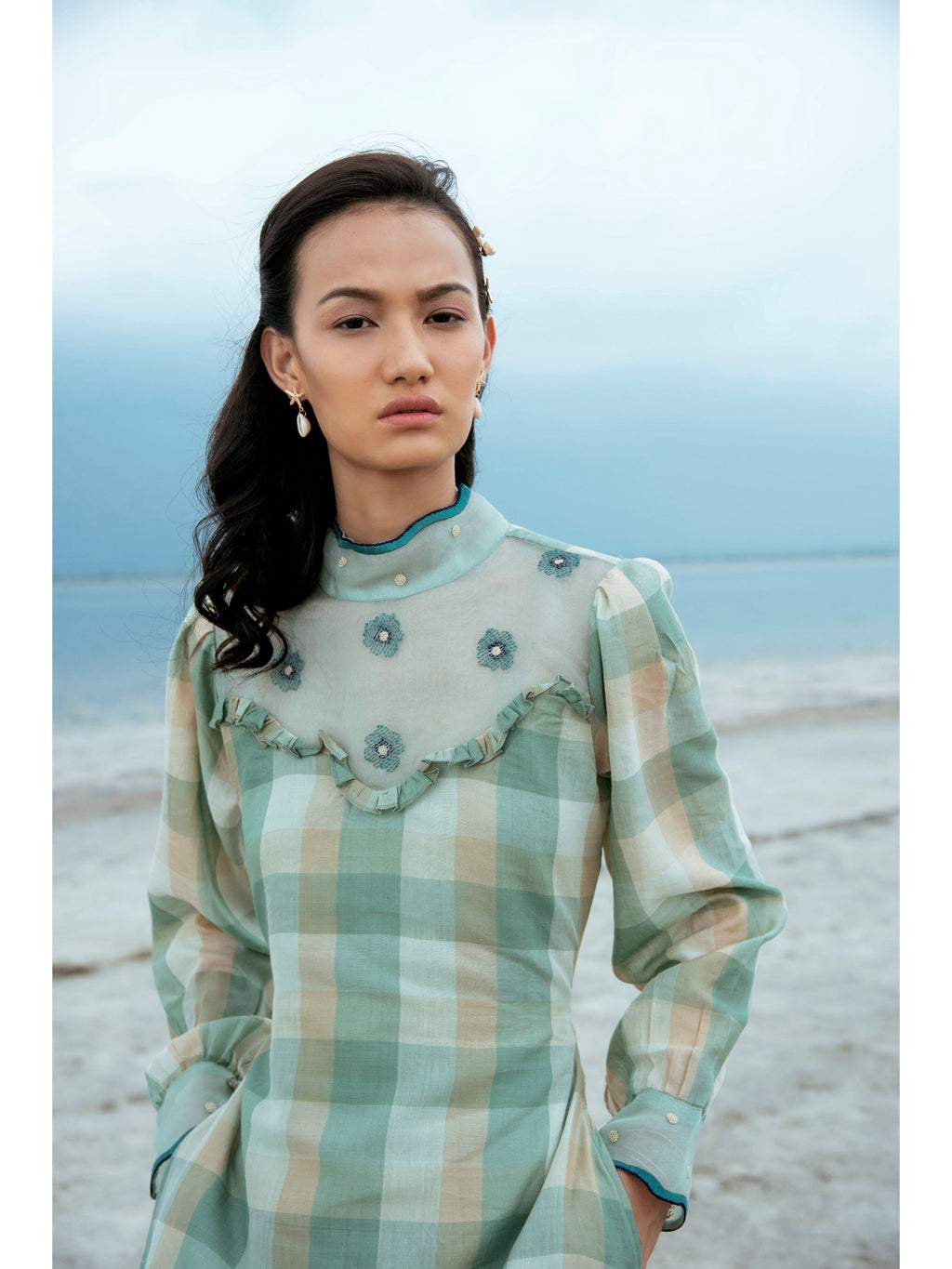 Green Embroidered Checks Maxi Dress at Kamakhyaa by The Loom Art. This item is Blue, Green, July Sale, July Sale 2023, Maxi Dresses, Natural, Party Wear, Regular Fit, Serendipity, Silk Handwoven, Womenswear