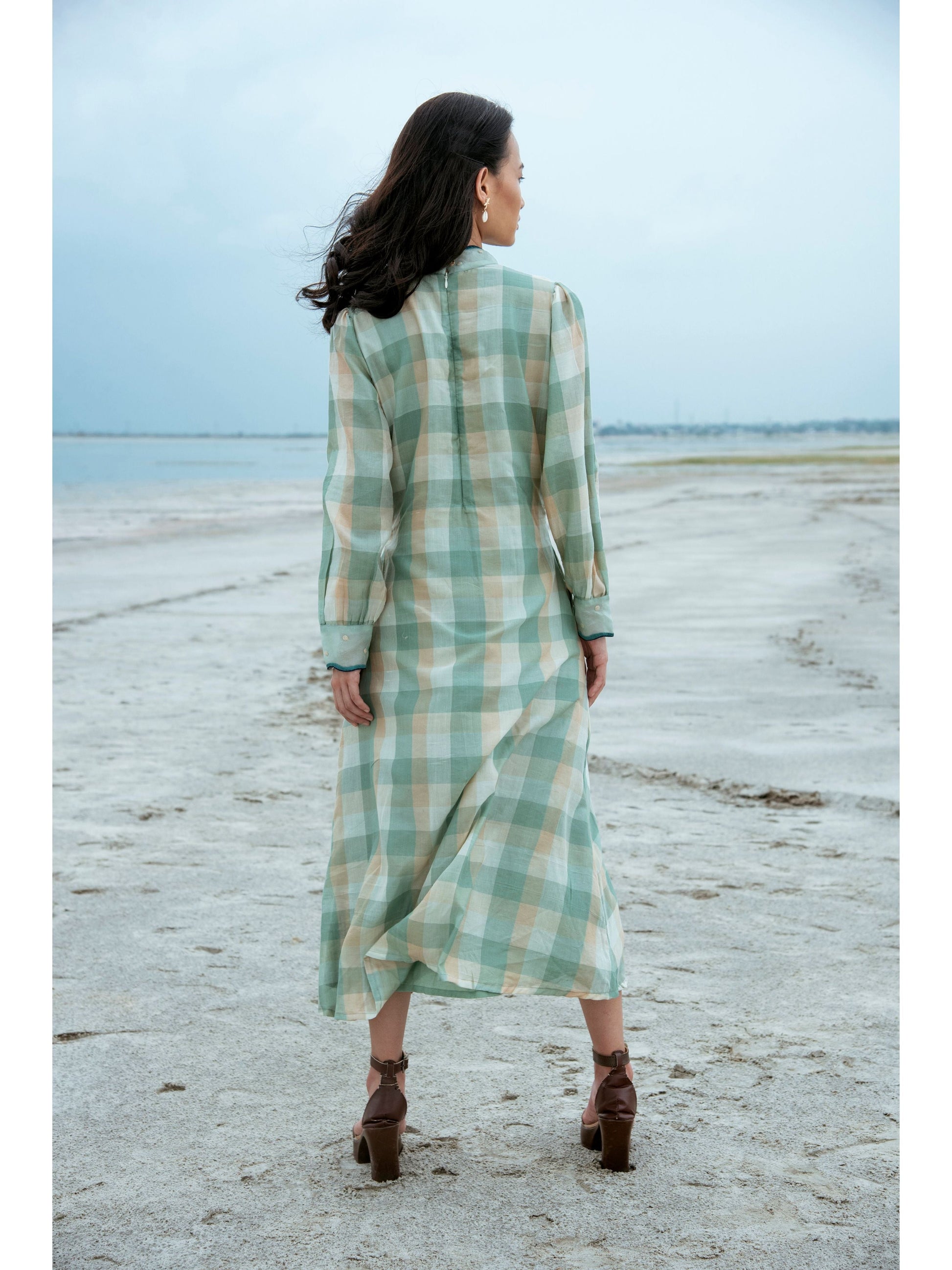 Green Embroidered Checks Maxi Dress at Kamakhyaa by The Loom Art. This item is Blue, Green, July Sale, July Sale 2023, Maxi Dresses, Natural, Party Wear, Regular Fit, Serendipity, Silk Handwoven, Womenswear