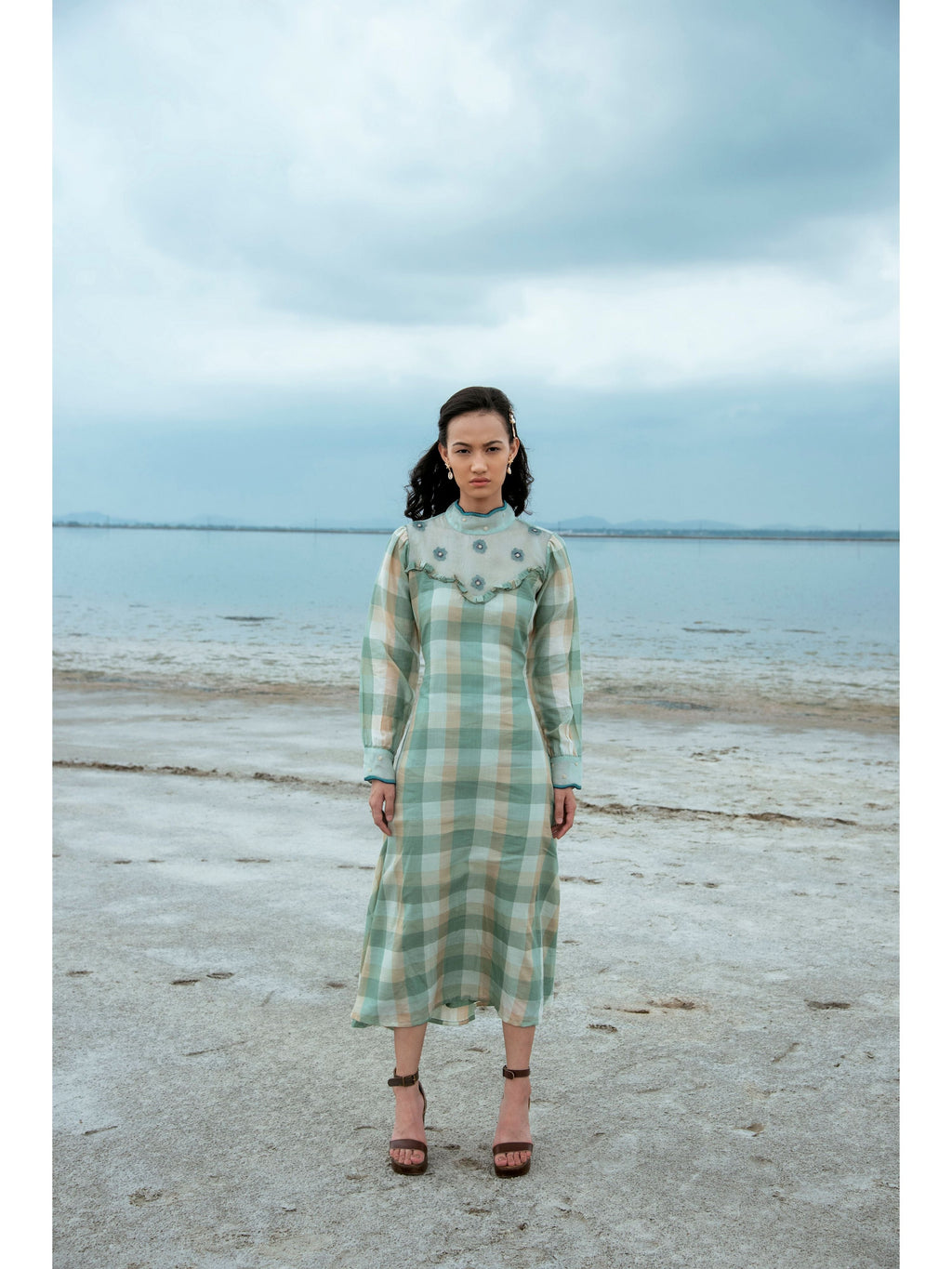 Green Embroidered Checks Maxi Dress at Kamakhyaa by The Loom Art. This item is Blue, Green, July Sale, July Sale 2023, Maxi Dresses, Natural, Party Wear, Regular Fit, Serendipity, Silk Handwoven, Womenswear