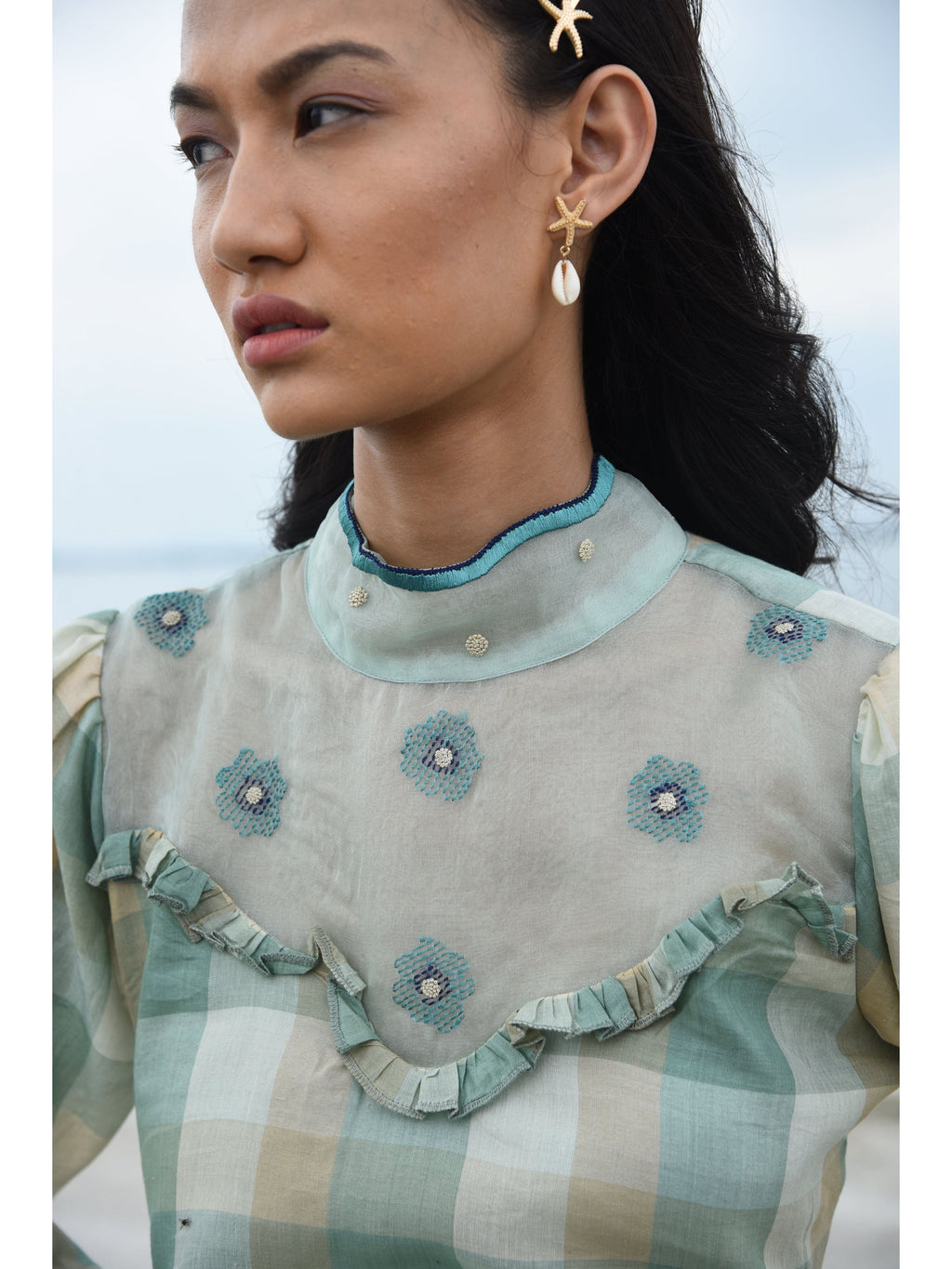 Green Embroidered Checks Maxi Dress at Kamakhyaa by The Loom Art. This item is Blue, Green, July Sale, July Sale 2023, Maxi Dresses, Natural, Party Wear, Regular Fit, Serendipity, Silk Handwoven, Womenswear