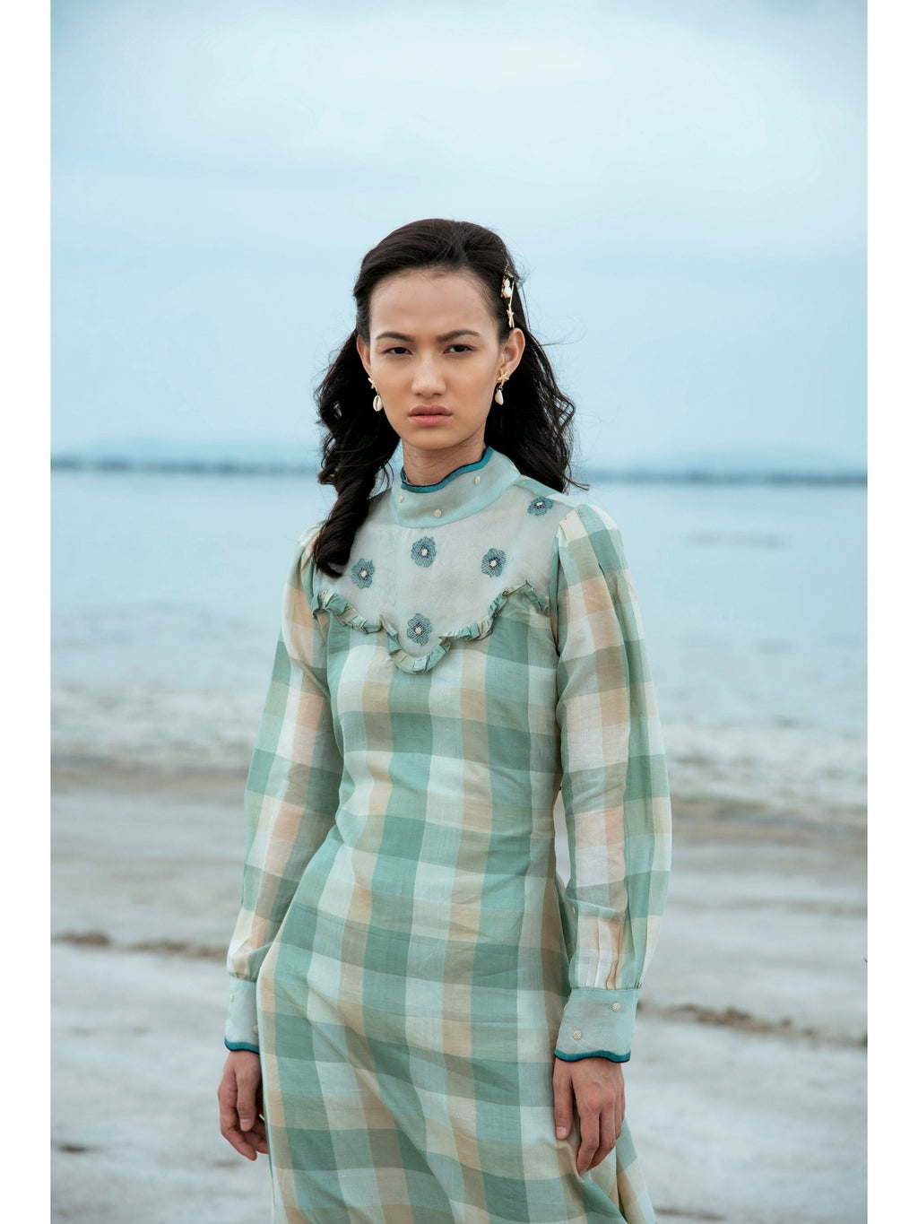 Green Embroidered Checks Maxi Dress at Kamakhyaa by The Loom Art. This item is Blue, Green, July Sale, July Sale 2023, Maxi Dresses, Natural, Party Wear, Regular Fit, Serendipity, Silk Handwoven, Womenswear