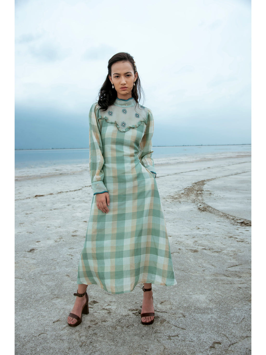 Green Embroidered Checks Maxi Dress at Kamakhyaa by The Loom Art. This item is Blue, Green, July Sale, July Sale 2023, Maxi Dresses, Natural, Party Wear, Regular Fit, Serendipity, Silk Handwoven, Womenswear