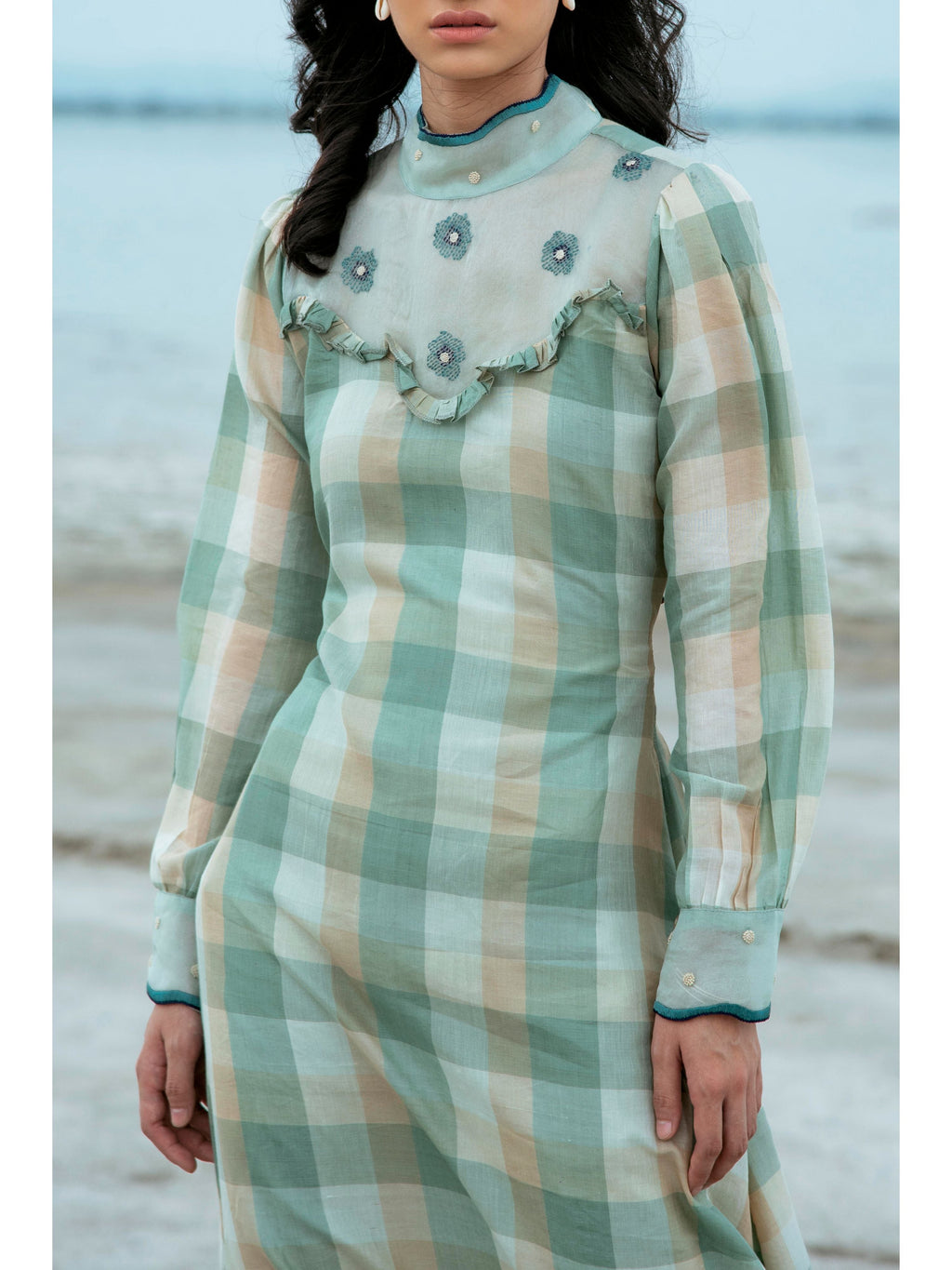 Green Embroidered Checks Maxi Dress at Kamakhyaa by The Loom Art. This item is Blue, Green, July Sale, July Sale 2023, Maxi Dresses, Natural, Party Wear, Regular Fit, Serendipity, Silk Handwoven, Womenswear