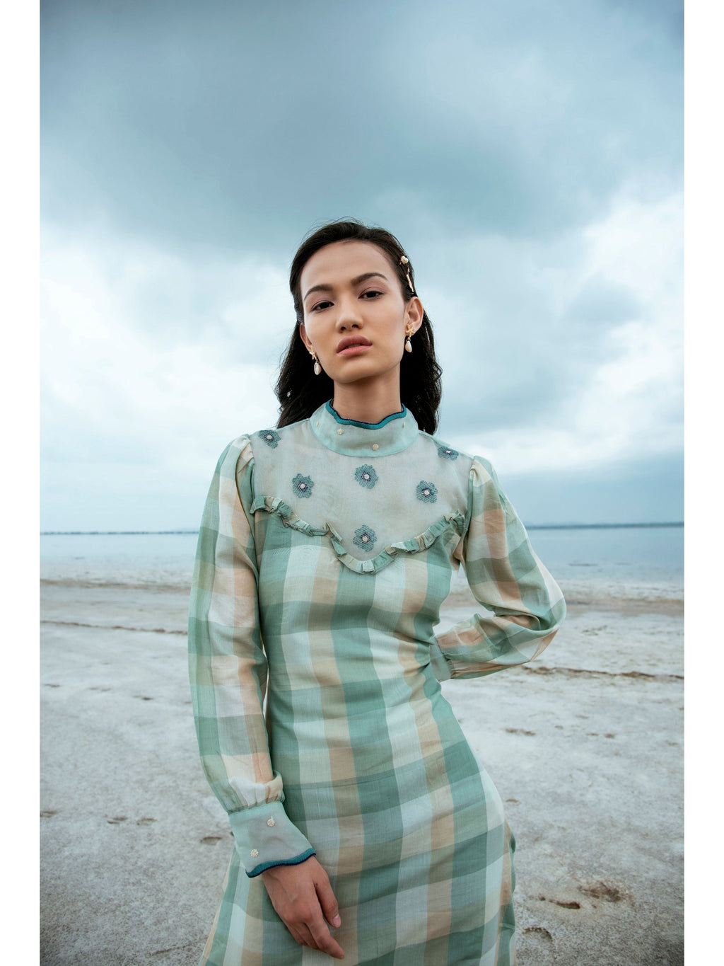 Green Embroidered Checks Maxi Dress at Kamakhyaa by The Loom Art. This item is Blue, Green, July Sale, July Sale 2023, Maxi Dresses, Natural, Party Wear, Regular Fit, Serendipity, Silk Handwoven, Womenswear