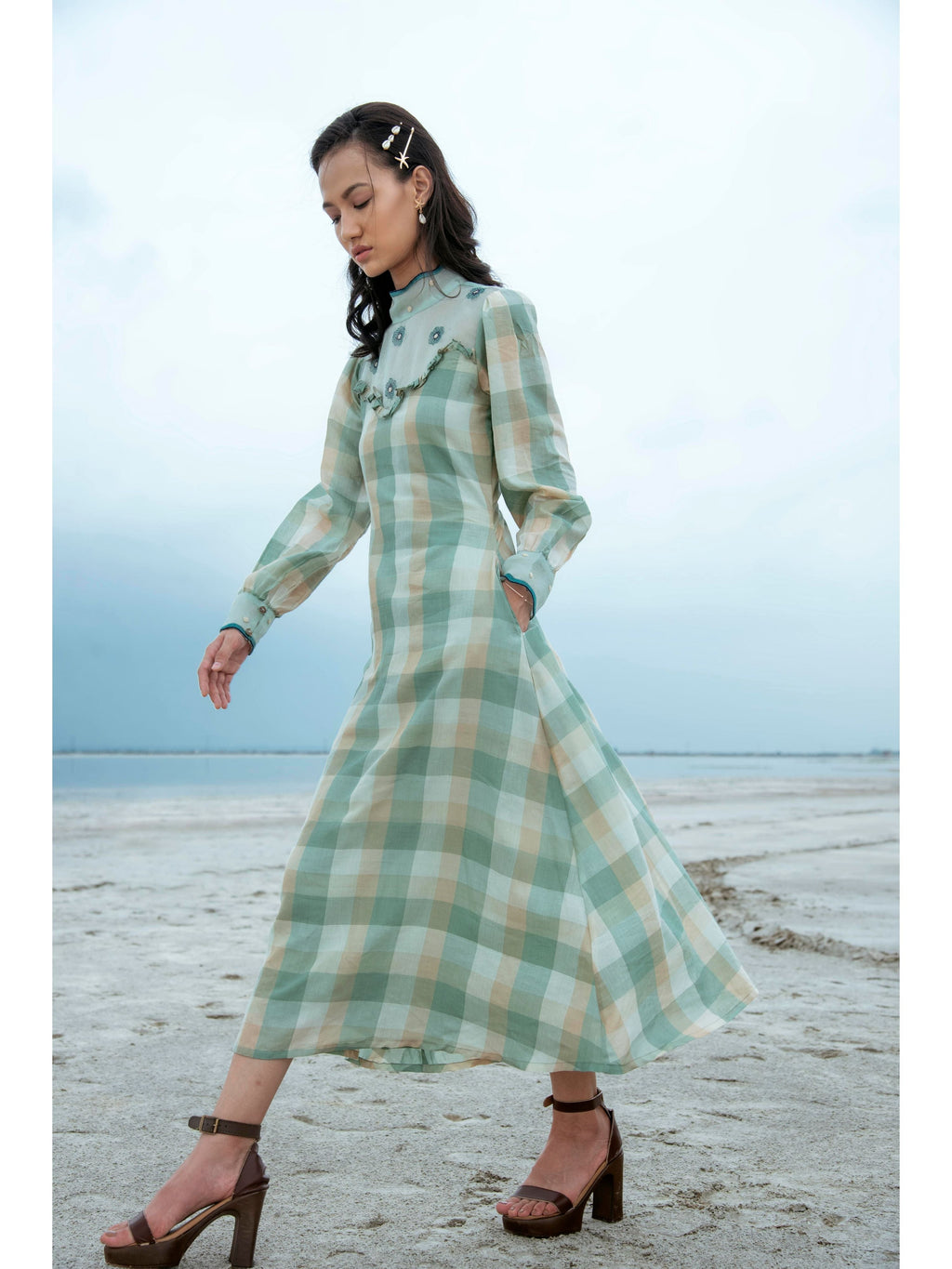 Green Embroidered Checks Maxi Dress at Kamakhyaa by The Loom Art. This item is Blue, Green, July Sale, July Sale 2023, Maxi Dresses, Natural, Party Wear, Regular Fit, Serendipity, Silk Handwoven, Womenswear