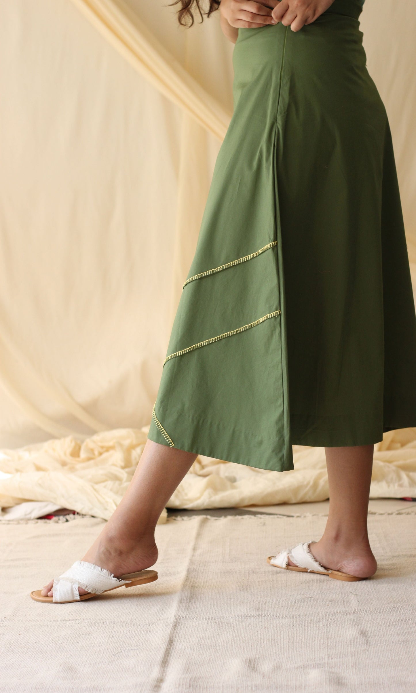 Green Embroidered Cotton Skirt at Kamakhyaa by Chambray & Co.. This item is Casual Wear, Cotton, Embroidered, Green, Midi Skirts, Natural, Regular Fit, Skirts, Solids, Womenswear