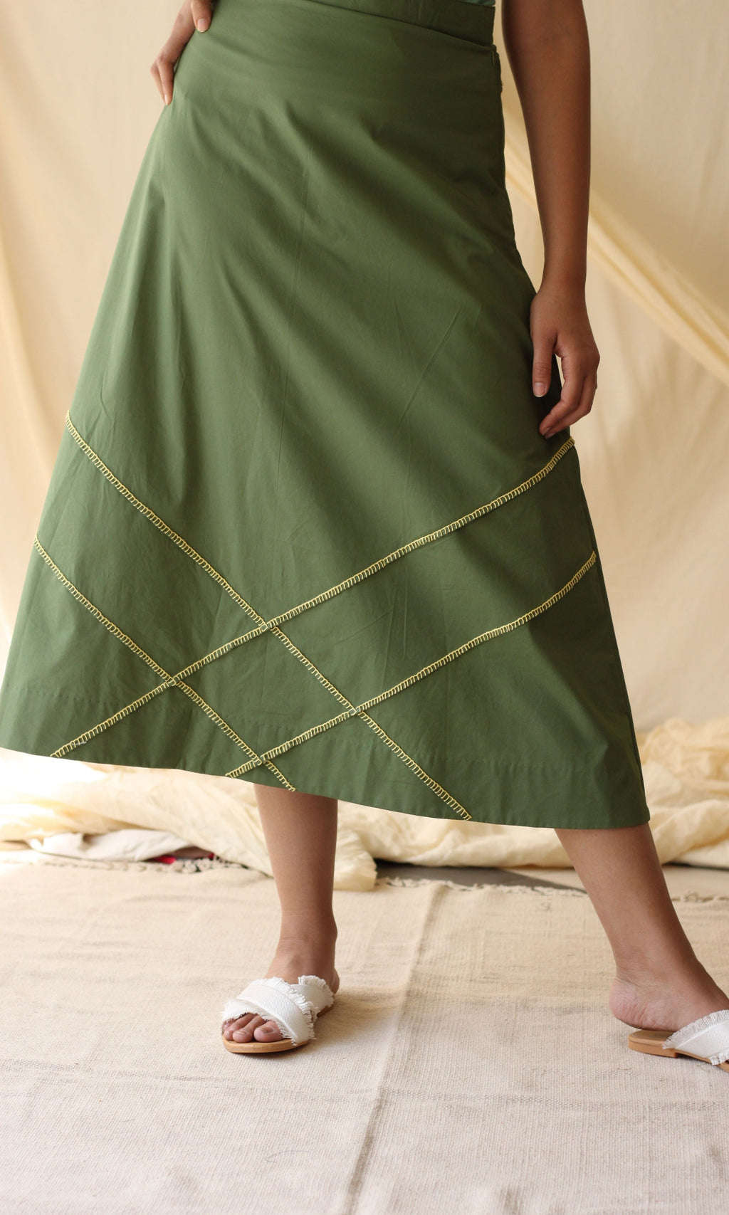 Green Embroidered Cotton Skirt at Kamakhyaa by Chambray & Co.. This item is Casual Wear, Cotton, Embroidered, Green, Midi Skirts, Natural, Regular Fit, Skirts, Solids, Womenswear