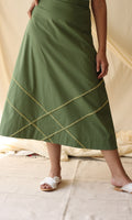 Green Embroidered Cotton Skirt at Kamakhyaa by Chambray & Co.. This item is Casual Wear, Cotton, Embroidered, Green, Midi Skirts, Natural, Regular Fit, Skirts, Solids, Womenswear