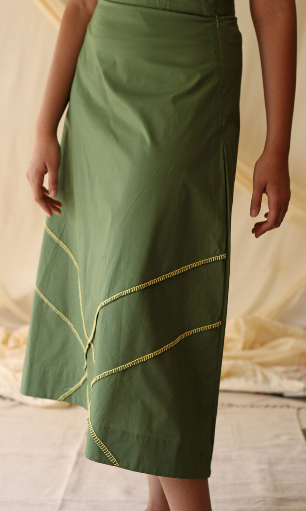 Green Embroidered Cotton Skirt at Kamakhyaa by Chambray & Co.. This item is Casual Wear, Cotton, Embroidered, Green, Midi Skirts, Natural, Regular Fit, Skirts, Solids, Womenswear